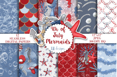 4th Of July Mermaids Digital Papers, Independence Day Backgrounds