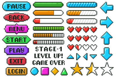 Pixel game menu buttons. Game 8 bit ui controller arrows, level and li