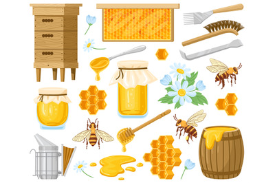 Cartoon honey. Beekeeping elements, honeycombs, beehive, bees and hone