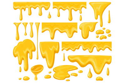 Cartoon honey drips. Dripping golden delicious honey flows, yellow nat