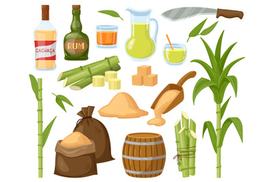 Cartoon sugar cane. Sugarcane leaf plants, sugar cubes, granulated sug