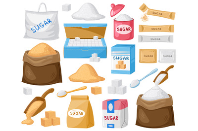 Cartoon sugar. Cube sugar, granulated and crystalline sugar, sugar in