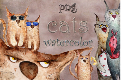 Set of watercolor hand-drawn cats