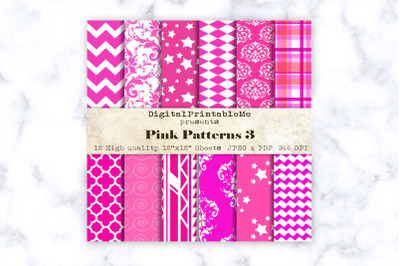 Pink Pattern Digital Paper, White Fuchsia, 12&quot; x 12&quot; Scrapbook Pack, p