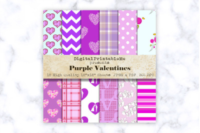 Purple Mixed Pattern Digital Paper, Love romance, 12&quot; x 12&quot; Scrapbook