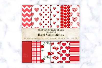 Red Mixed Pattern Digital Paper, Love romance, 12&quot; x 12&quot; Scrapbook Pac