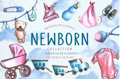 Set of hand drawn watercolor baby-themed illustrations