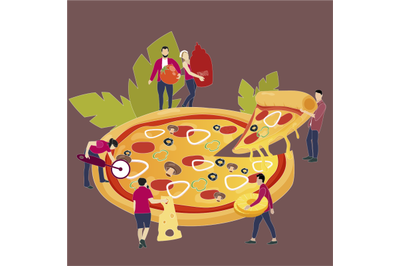 People sharing pizza dinner. Vector illustration. Tasty fast food