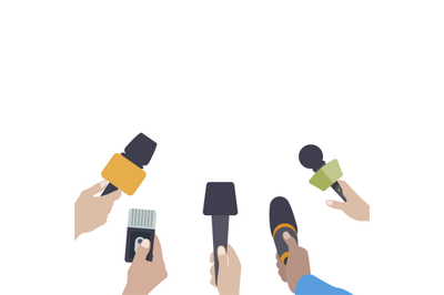 Hands with microphones. Journalist press conference banner