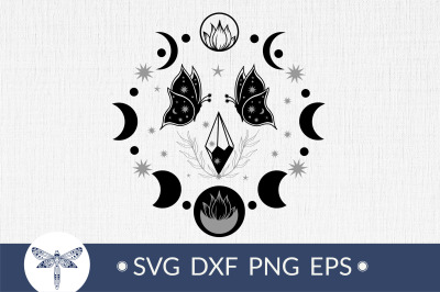 Moon phases with butterflies svg | Bohemian crescent moon SVG