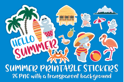 Summer printable stickers. Hippopotamuses and flamingo.