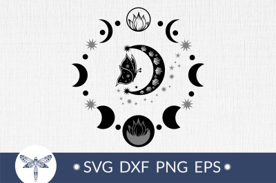 Moon phases with butterfly svg, Bohemian crescent moon SVG
