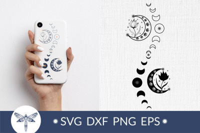 Moon phases with flower svg | Yin Yang with crescent moon svg