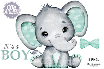 Mint Boy Girl Unisex Elephant  with  bow tie, PNG clip art set