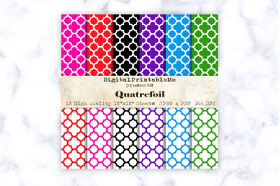 Quartefoil Digital Paper, 12&quot; Scrapbook Pack, Pattern Background, prin