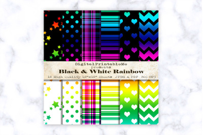 Rainbow Digital Paper 12&quot; x 12&quot; Patterns black white scrapbook printab