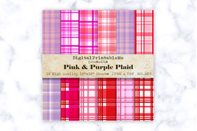 Red, Pink, Purple Plaid Digital Paper, White, Fuchsia, Scrapbook Pack,