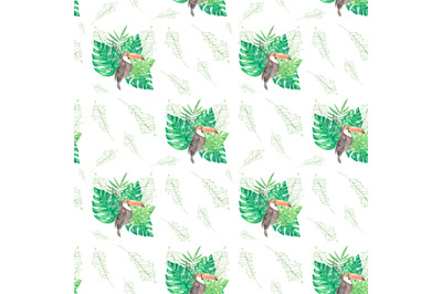 Tropics watercolor seamless pattern. Toucan, monstera leaves, tropical