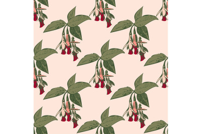 Drawing branches flowers fuchsia, leaves seamless pattern abstract bac