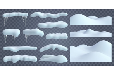 Realistic snow caps. Snowdrift with frozen icicles and snow borders, c