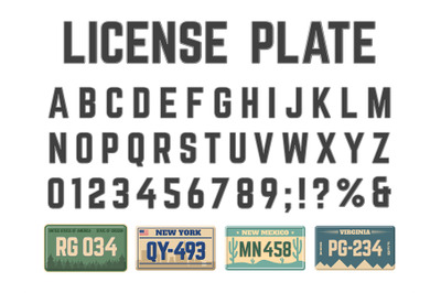 Car license plates alphabet. Vehicle registration signs latin alphabet