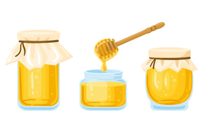 Cartoon honey jars. Glass pots and wooden spoon with dripping liquid h