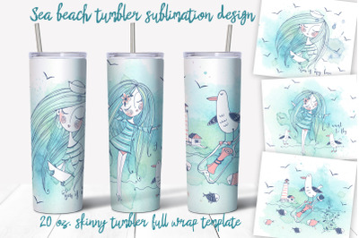 Sea beach with cute girls tumbler sublimation design Png.