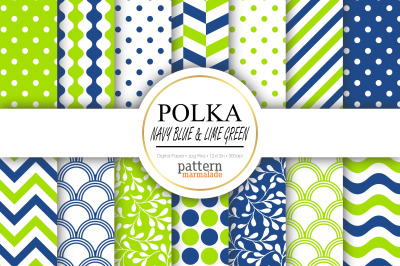 Polka Navy Blue And Lime Green Digital Paper - T0715