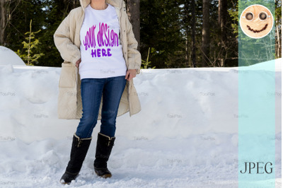 White sweatshirt mockup of a girl in quilted snow boots, model mockup