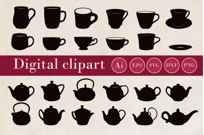 Set of silhouettes of cups and teapots. SVG