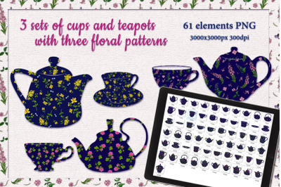 A set of cups and teapots with natural patterns.