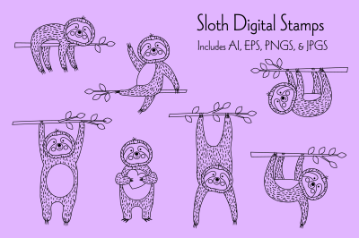 Cute Sloth Digital Stamps
