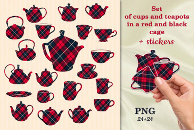 Cups and teapots in red and black check