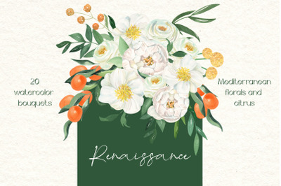 Renaissance. Mediterranean Florals and Citrus 20 Watercolor Bouquets