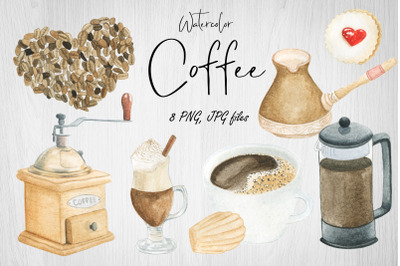 Watercolor Clipart Coffee.Sublimation.Coffee heart,mugs,bean
