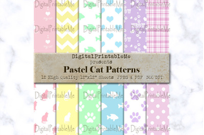 Pastel Cat Digital Paper Pack, Mixed Variety patterns, pastel, rainbow