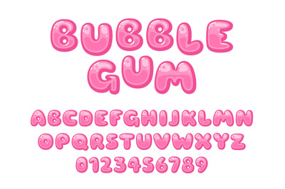 Bubble gum font. Pink sweet candy latin alphabet, kids letters and num