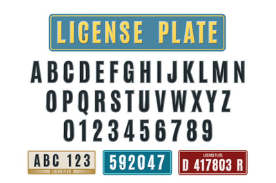 License car plates font. Embossed latin alphabet, aluminum nameplates