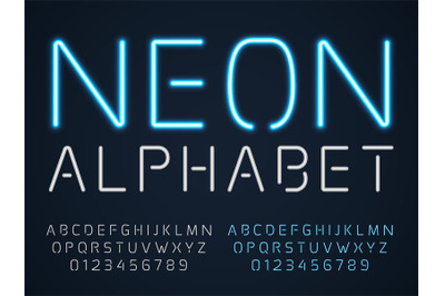 Neon font. Latin fluorescent tubes latin alphabet, glowing blue light