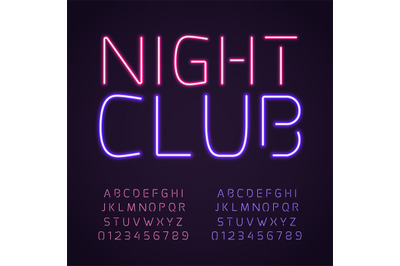 Glowing club font. Purple and pink neon lamps letters and numbers, flu