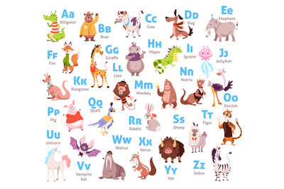 Cute animal alphabet. Color kids zoological font, letters and correspo