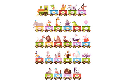 Alphabet train. Cartoon kids color wagons, funny animals and letters,