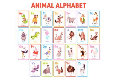 Alphabet cards. Funny animals letters educational children cards, kids