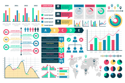 Charts and diagrams. Graphical colorful schemes infographic, rising an