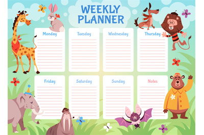 Kids animals weekly planner. School student schedule with wild fauna,