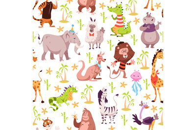 Childish animals seamless pattern. Cute summer wild fauna background,