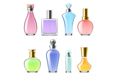 Perfume glass bottles. Realistic 3d cologne transparent packaging&2C; col