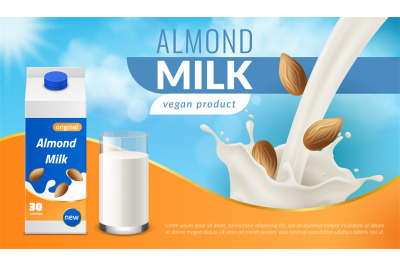 Almond milk poster. Realistic healthy vegan nut drink, cardboard box a