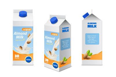 Milk packaging design. Realistic almonds drink boxes different angles