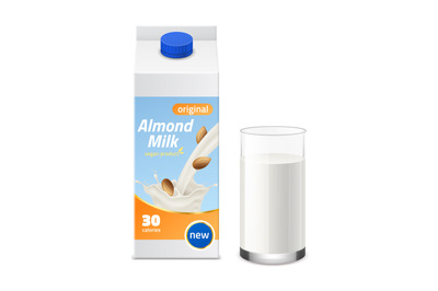 Glass and milk box. Realistic cardboard pack drink with nuts and splas